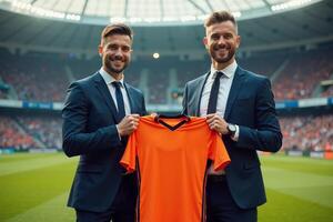 photo of coach and player holding shirt in the stadium field at signing contract event,
