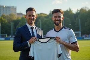 photo of coach and player holding shirt in the stadium field at signing contract event,