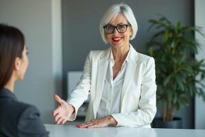 photo of woman in white blazer with open hand and colleagues meeting promote in the office,