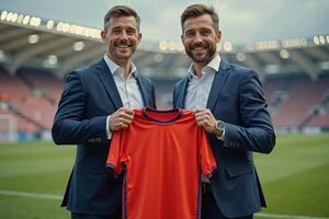 photo of coach and player holding shirt in the stadium field at signing contract event,