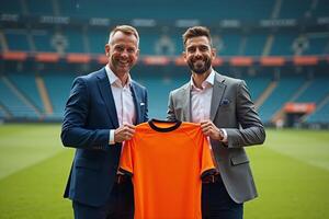 photo of coach and player holding shirt in the stadium field at signing contract event,