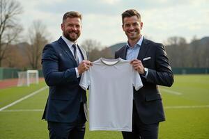 photo of coach and player holding shirt in the stadium field at signing contract event,