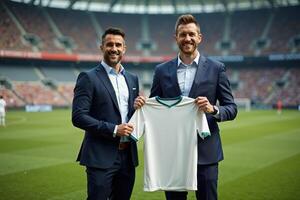 photo of coach and player holding shirt in the stadium field at signing contract event,