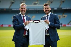 photo of coach and player holding shirt in the stadium field at signing contract event,