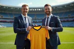 photo of coach and player holding shirt in the stadium field at signing contract event,