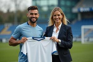 photo of coach and player holding shirt in the stadium field at signing contract event,