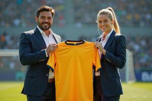 photo of coach and player holding shirt in the stadium field at signing contract event,