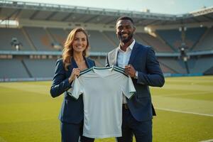 photo of coach and player holding shirt in the stadium field at signing contract event,