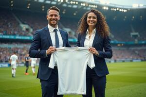 photo of coach and player holding shirt in the stadium field at signing contract event,