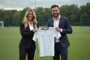 photo of coach and player holding shirt in the stadium field at signing contract event,