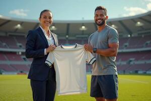 photo of coach and player holding shirt in the stadium field at signing contract event,