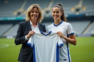 photo of coach and player holding shirt in the stadium field at signing contract event,
