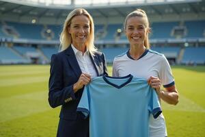 photo of coach and player holding shirt in the stadium field at signing contract event,