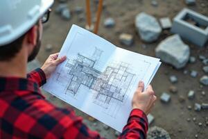 photo of engineer in hard hat at shirt holding building plan in construction site,