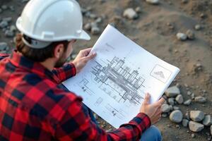 photo of engineer in hard hat at shirt holding building plan in construction site,