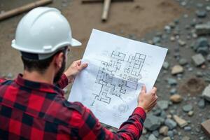 photo of engineer in hard hat at shirt holding building plan in construction site,