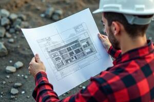 photo of engineer in hard hat at shirt holding building plan in construction site,