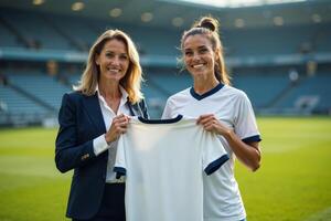 photo of coach and player holding shirt in the stadium field at signing contract event,