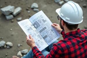 photo of engineer in hard hat at shirt holding building plan in construction site,