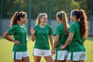 photo of teenage youth soccer player discussing to group at soccer field,