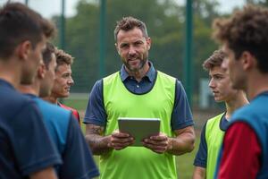 photo of man coach instructor trainer teaching teenage player at soccer field,