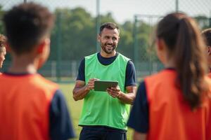 photo of man coach instructor trainer teaching teenage player at soccer field,