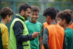 photo of man coach instructor trainer teaching teenage player at soccer field,