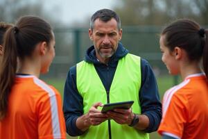 photo of man coach instructor trainer teaching teenage player at soccer field,