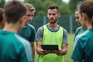 photo of man coach instructor trainer teaching teenage player at soccer field,