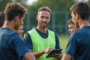 photo of man coach instructor trainer teaching teenage player at soccer field,