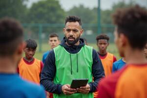 photo of man coach instructor trainer teaching teenage player at soccer field,