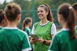 photo of woman coach instructor trainer teaching teenage player at soccer field,