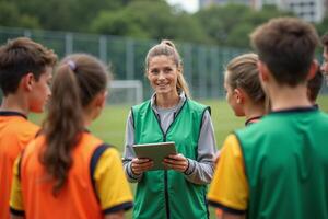 photo of woman coach instructor trainer teaching teenage player at soccer field,