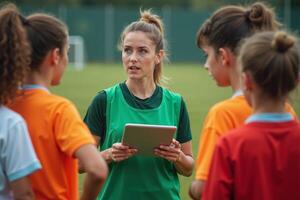 photo of woman coach instructor trainer teaching teenage player at soccer field,