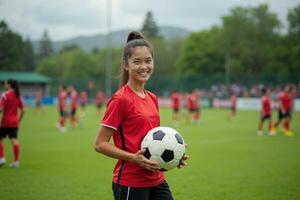 photo of teenage youth soccer player at soccer field,
