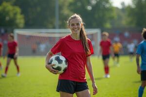 photo of teenage youth soccer player at soccer field,