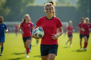 photo of teenage youth soccer player at soccer field,