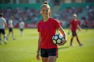 photo of teenage youth soccer player at soccer field,