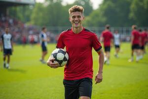 photo of teenage youth soccer player at soccer field,