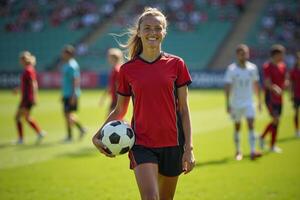 photo of teenage youth soccer player at soccer field,