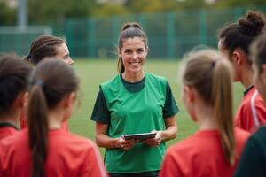 photo of woman coach instructor trainer teaching teenage player at soccer field,