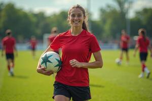 photo of teenage youth soccer player at soccer field,