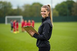 photo of coach instructor trainer teaching teenage player at soccer field,