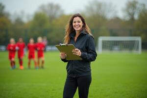 photo of coach instructor trainer teaching teenage player at soccer field,