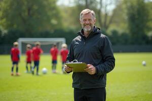 photo of coach instructor trainer teaching teenage player at soccer field,