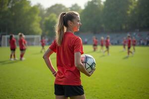 photo of teenage youth soccer player at soccer field,
