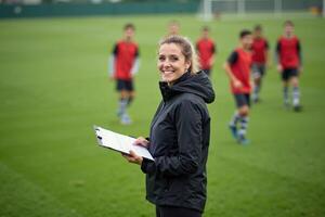 photo of coach instructor trainer teaching teenage player at soccer field,