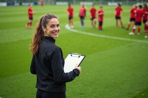 photo of coach instructor trainer teaching teenage player at soccer field,