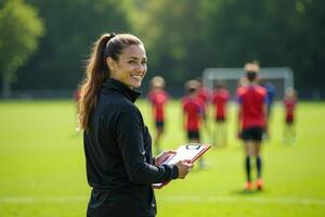 photo of coach instructor trainer teaching teenage player at soccer field,