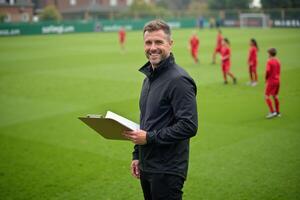 photo of coach instructor trainer teaching teenage player at soccer field,